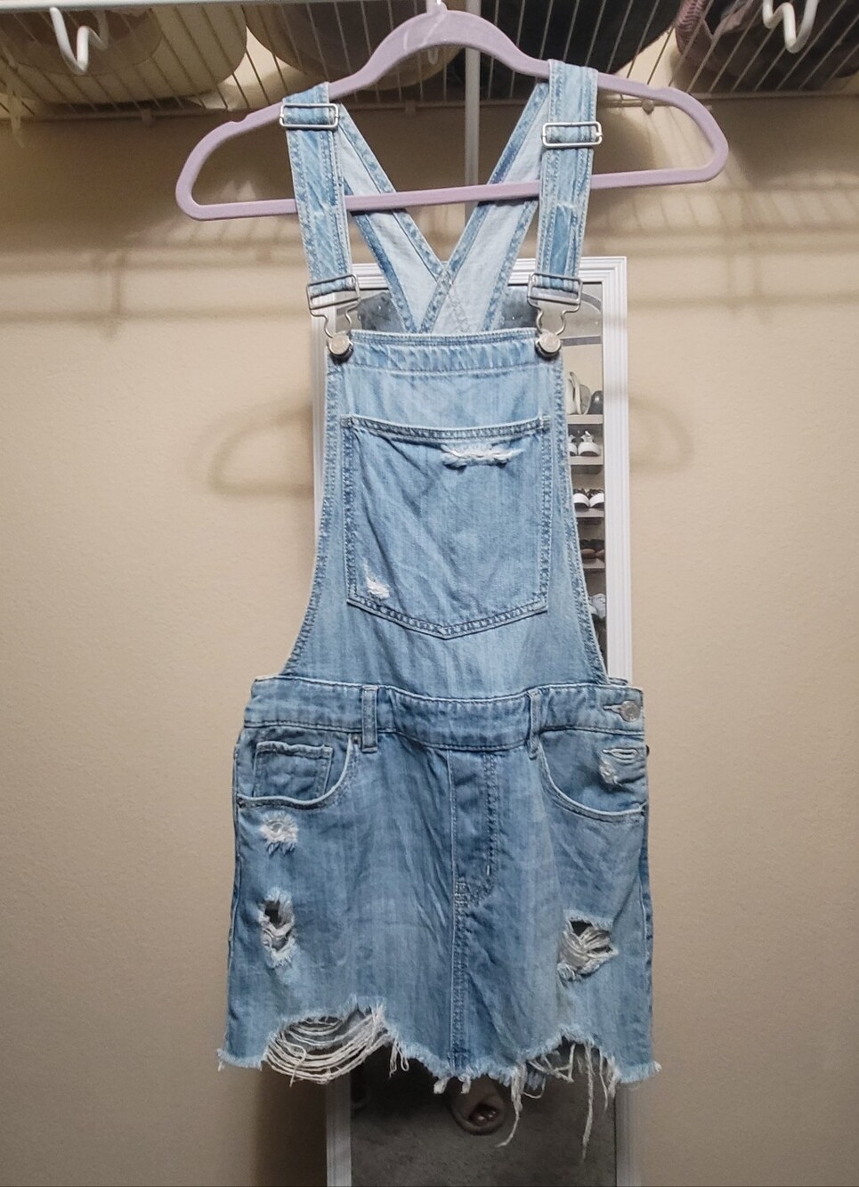 Garage Light Blue Denim Overall Skirt with Brown Patch